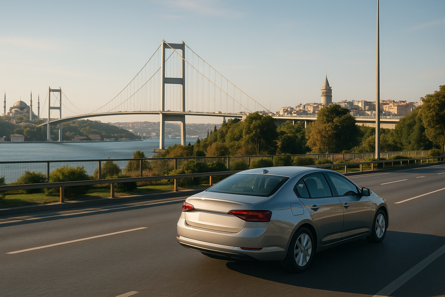 An illustration of a scenic drive in Istanbul with iconic landmarks.