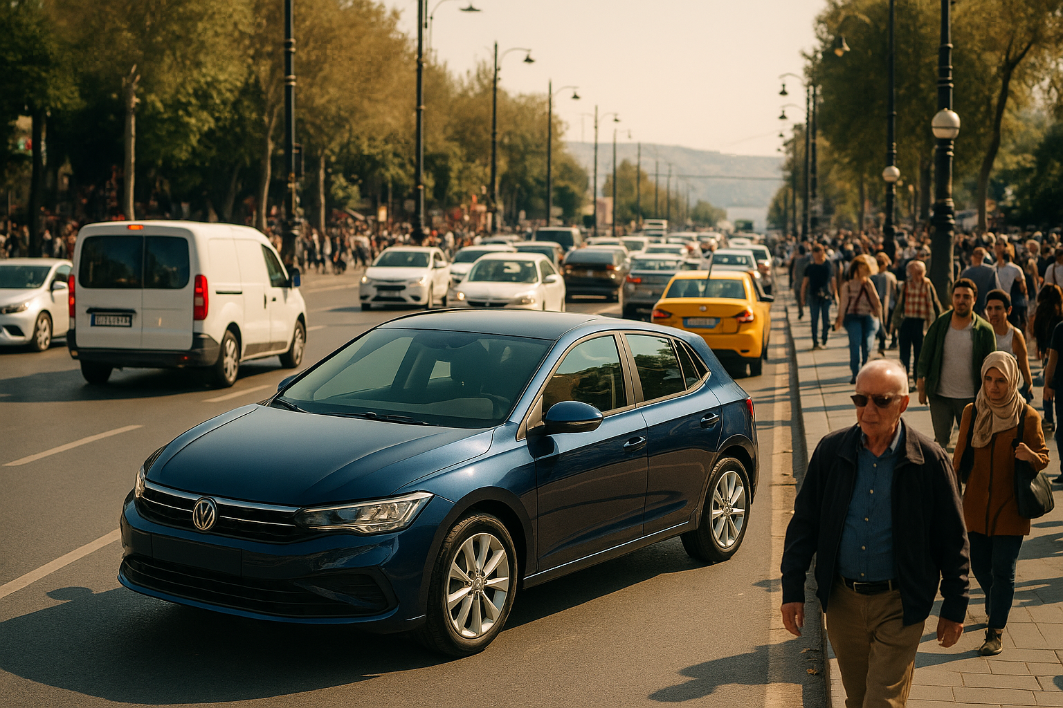 A busy Istanbul street showing traffic and pedestrians.