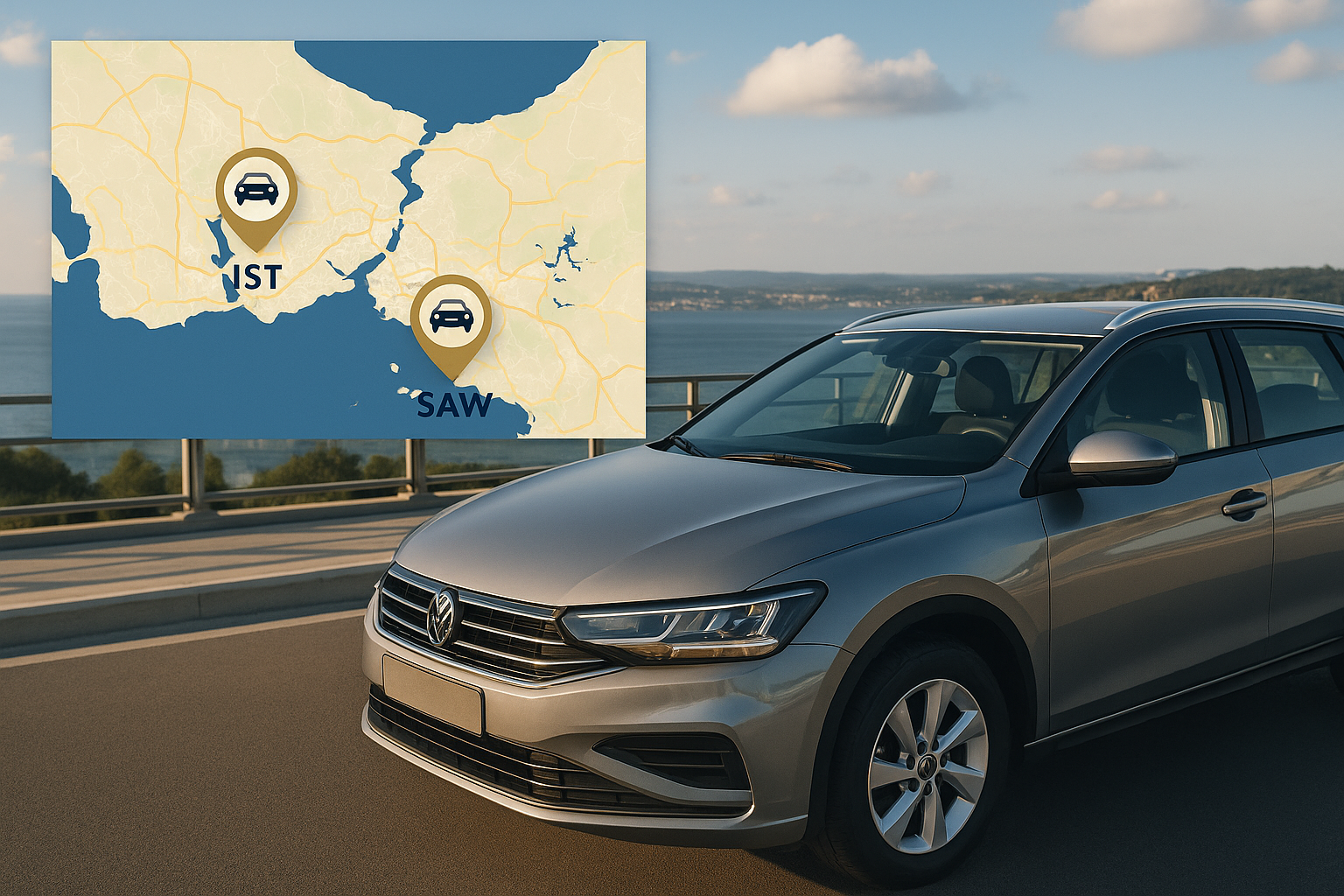Map showing the locations of IST and SAW with car rental icons