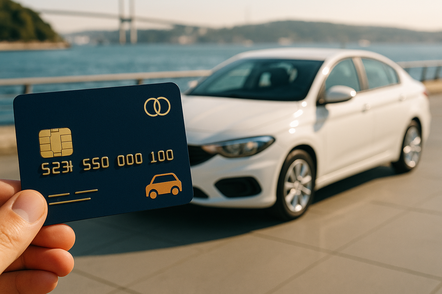 Illustration of a credit card and a car symbolizing the deposit concept.