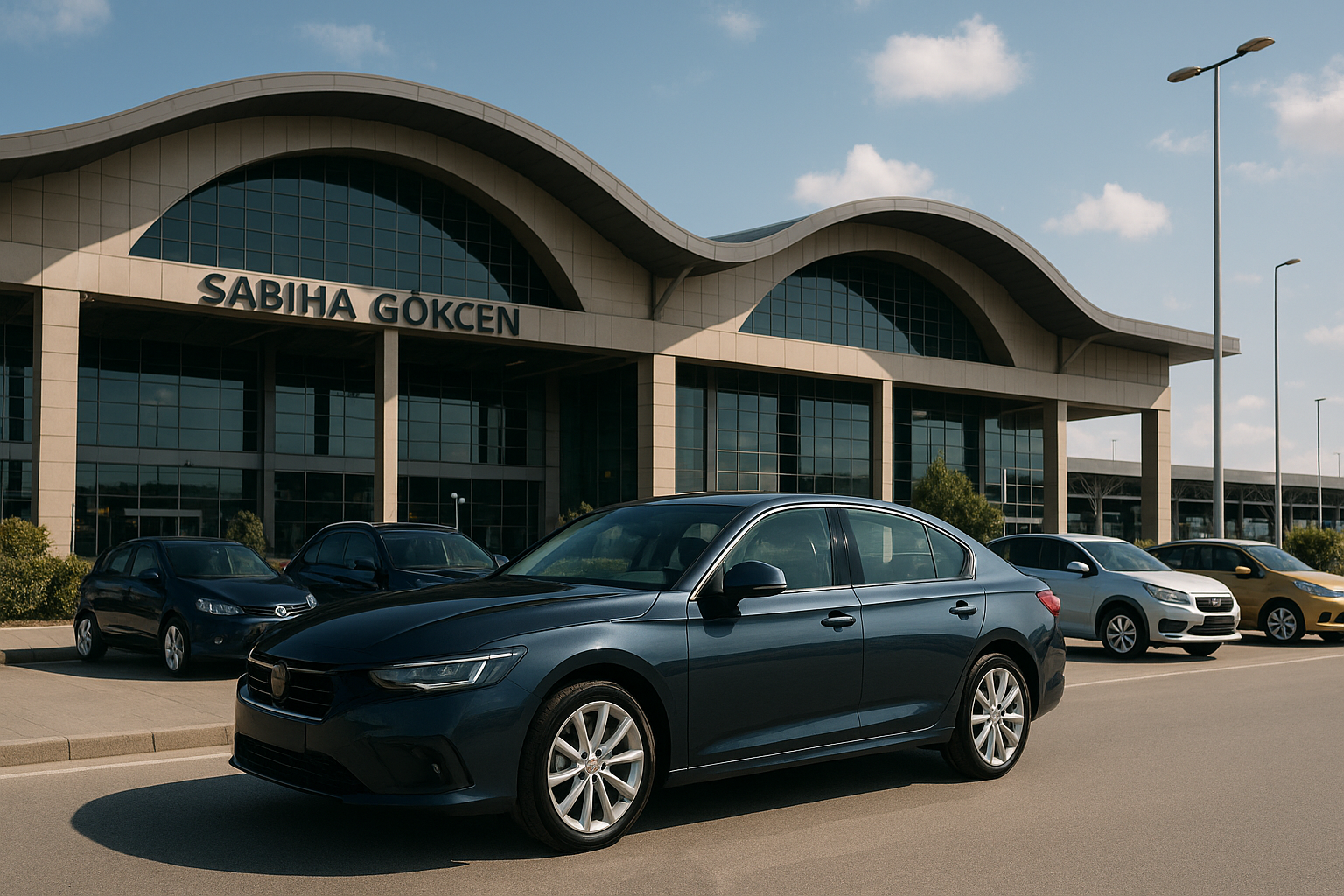 Illustration of Sabiha Gokcen Airport with rental car options nearby